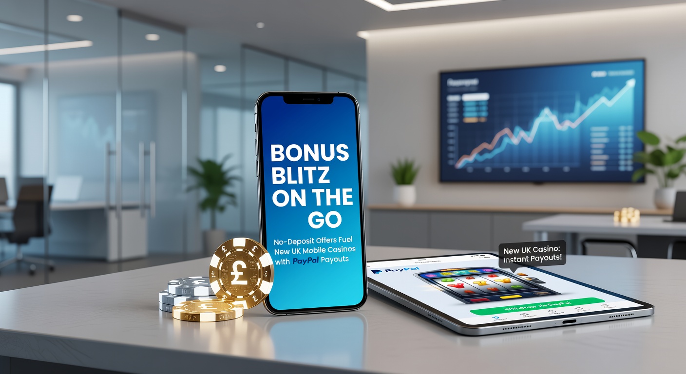 Smartphone screen displaying a vibrant mobile casino app with no-deposit bonus pop-up and PayPal logo prominently featured, capturing the excitement of instant gaming access