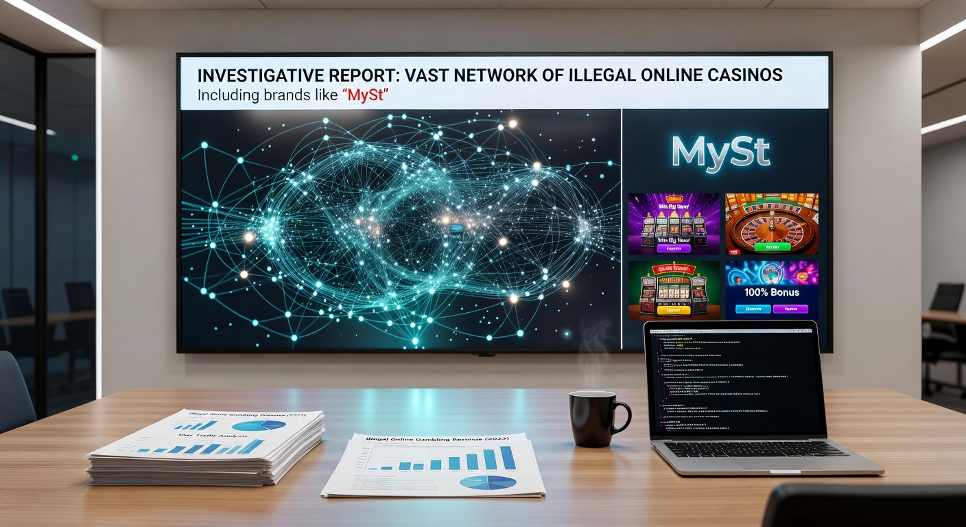 Infographic-style graphic showing interconnected nodes of casino sites, affiliate links, and international flags from Curaçao to Georgia, with UK gambler icons caught in the web