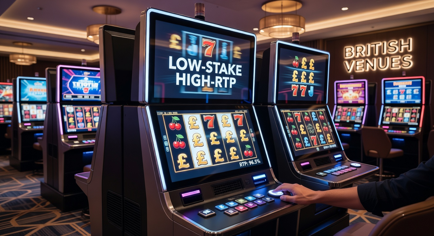 Vibrant arcade slot machines displaying low-stake high-RTP games in a bustling British venue, with players engaged at the reels