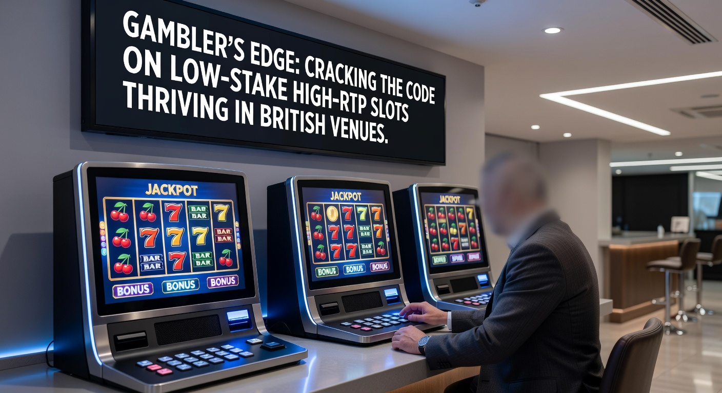 Close-up of a high-RTP slot screen showing a low-stake win, with RTP percentage displayed and British arcade atmosphere in the background