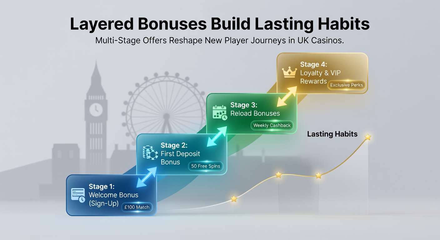 Illustration of layered bonus stages in a UK casino app, showing progression from welcome offer to loyalty tiers