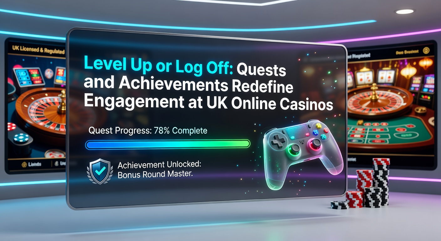Screenshot of a gamified casino interface showing player quests, levels, and achievement badges on a vibrant dashboard