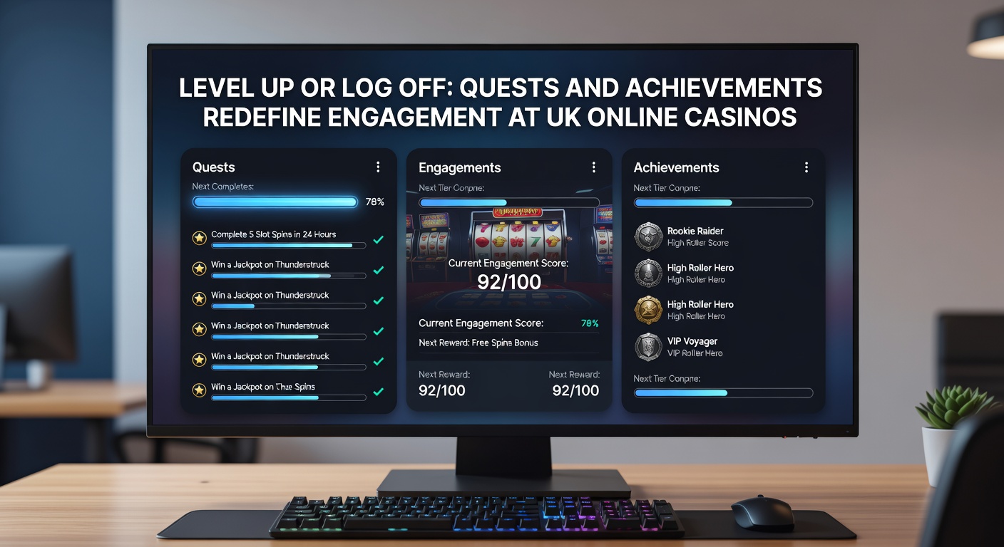 Close-up of achievement notifications popping up on a casino app, displaying badges for milestones like 'Spin Master' and 'Quest Conqueror' with glowing effects