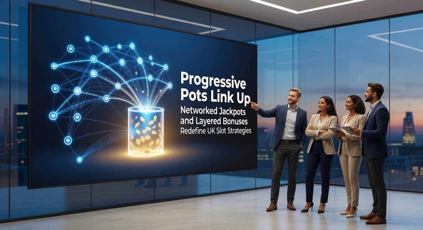 Vibrant display of interconnected slot machines showing rising progressive jackpot counters and bonus layers in a modern UK casino setting