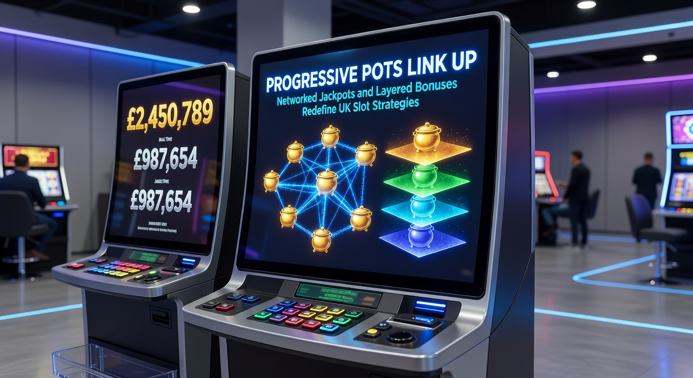Close-up of a slot screen displaying multi-layered bonus wheels, progressive meters, and networked jackpot links during a high-stakes UK online session