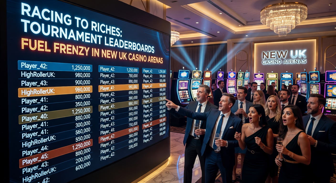 Vibrant digital leaderboard displaying top players in a casino tournament, with glowing rankings and prize icons climbing toward a jackpot summit