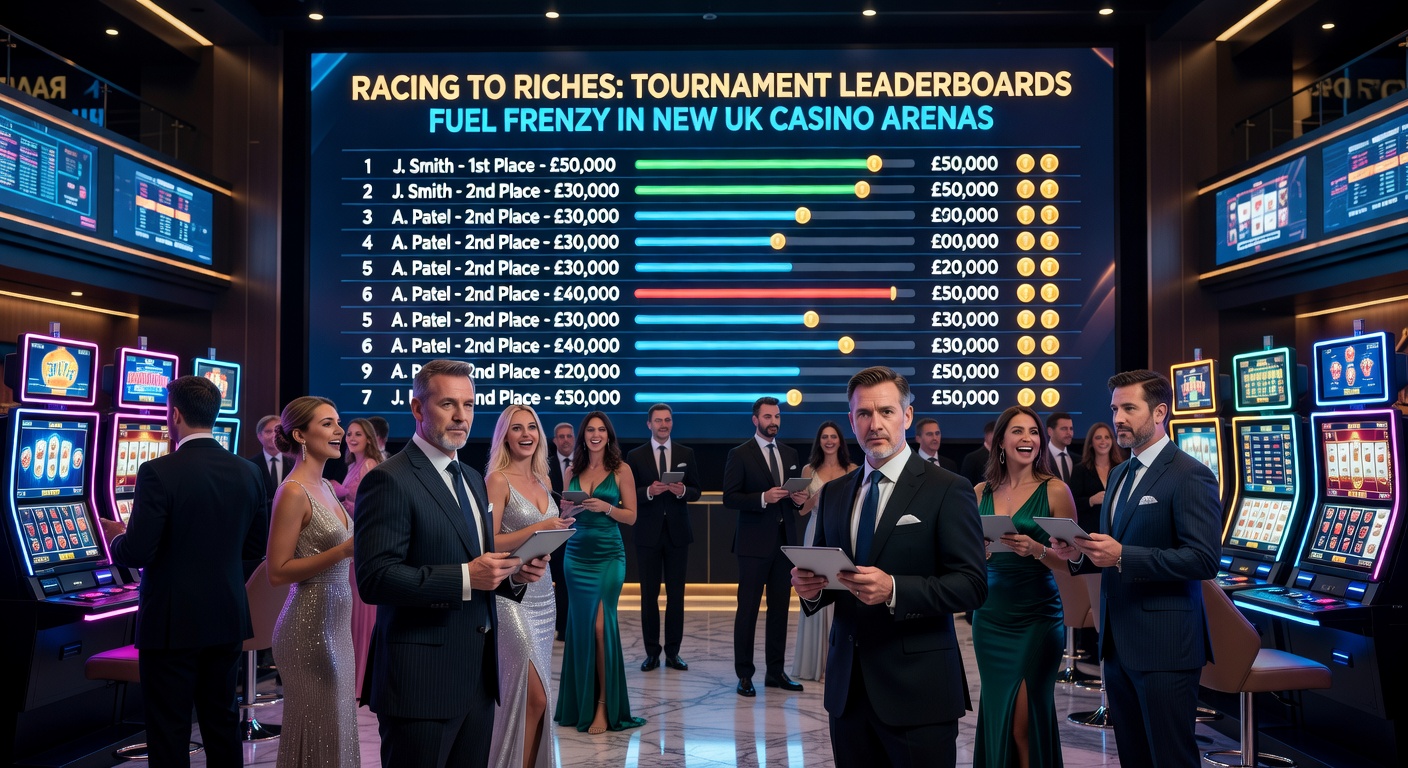 Close-up of a mobile casino app leaderboard during a live tournament, showing real-time score updates, player avatars, and escalating prize tiers amid colorful slot graphics