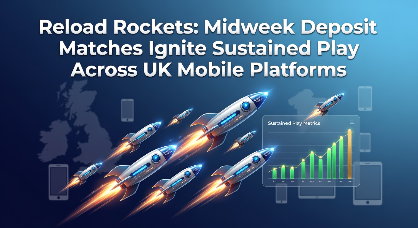 Mobile phone screen displaying a midweek reload bonus offer on a UK casino app, featuring a 50% deposit match up to £100 with rocket-themed graphics