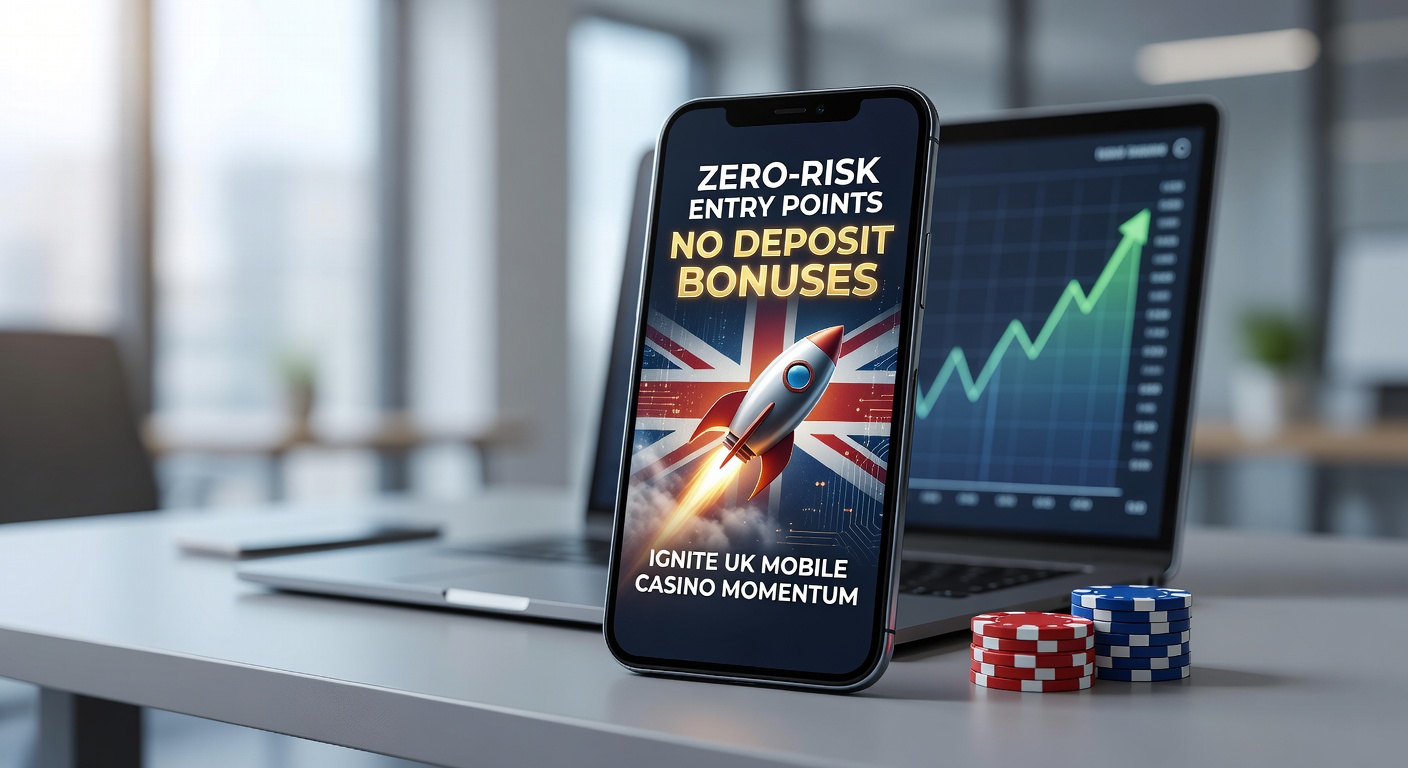Dynamic illustration of a smartphone screen displaying free spins and bonus credits as zero-risk entry points for UK mobile casino players, with glowing icons and jackpot symbols igniting excitement