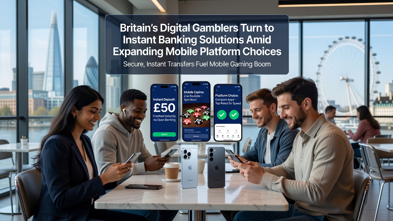 Mobile banking apps and instant payment interfaces displayed on smartphones used by digital gamblers in Britain