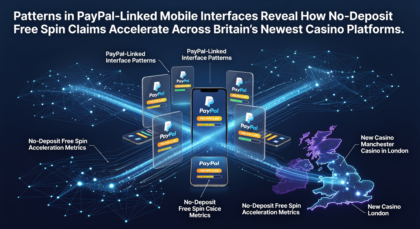Mobile interface screenshot showing PayPal-linked casino app with no-deposit spin prompts and transaction flows