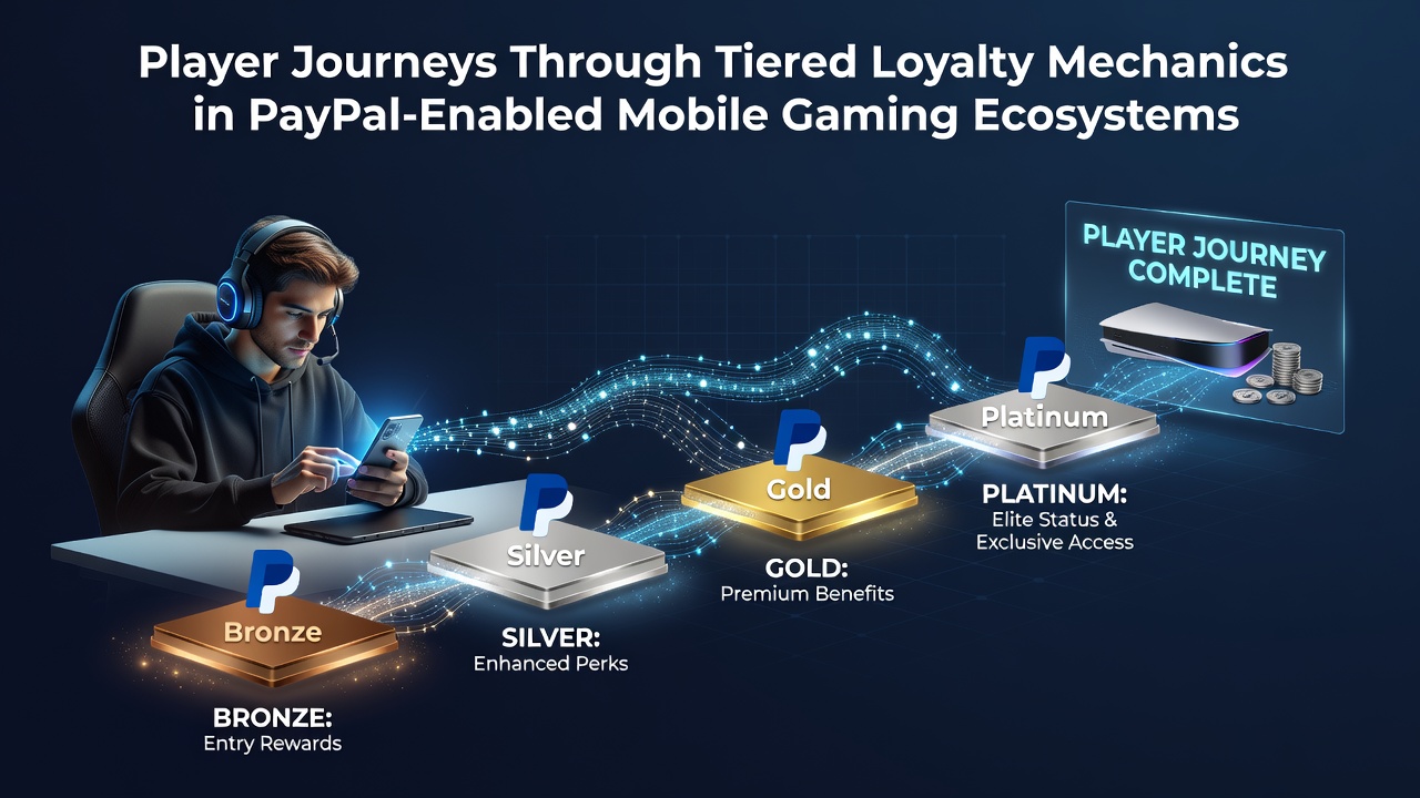 Illustration of player progression through tiered loyalty levels in a mobile gaming app interface with PayPal integration icons