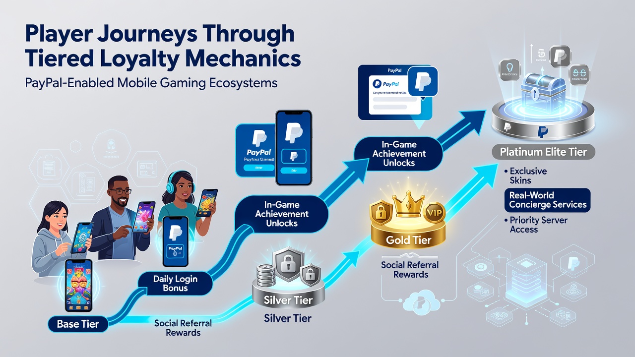 Diagram showing mid-tier loyalty benefits and PayPal transaction flow in mobile gaming ecosystems