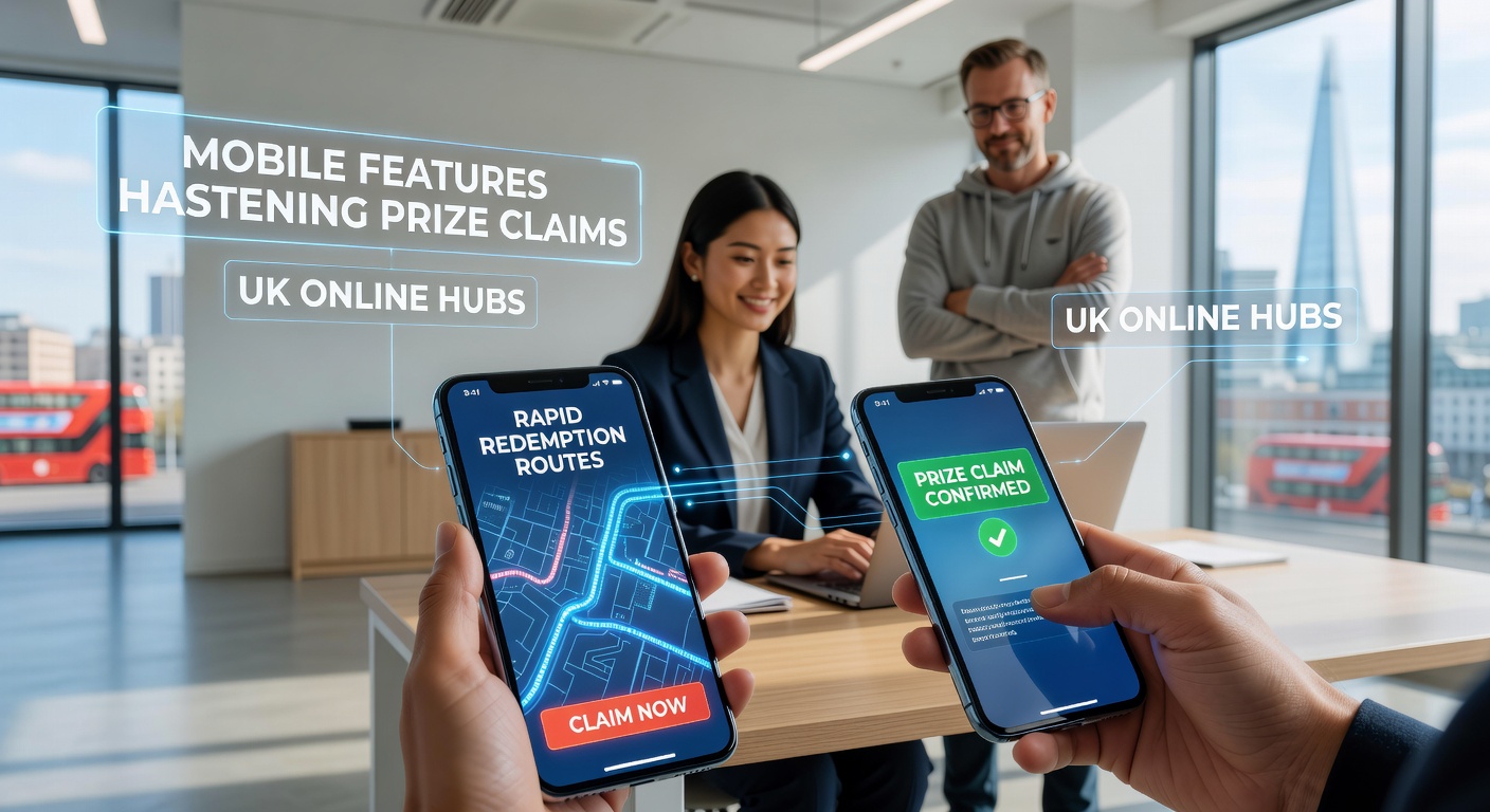 Smartphone screen displaying a fast withdrawal confirmation in a UK online casino app, with prize icons and speedometer graphics emphasizing rapid redemption