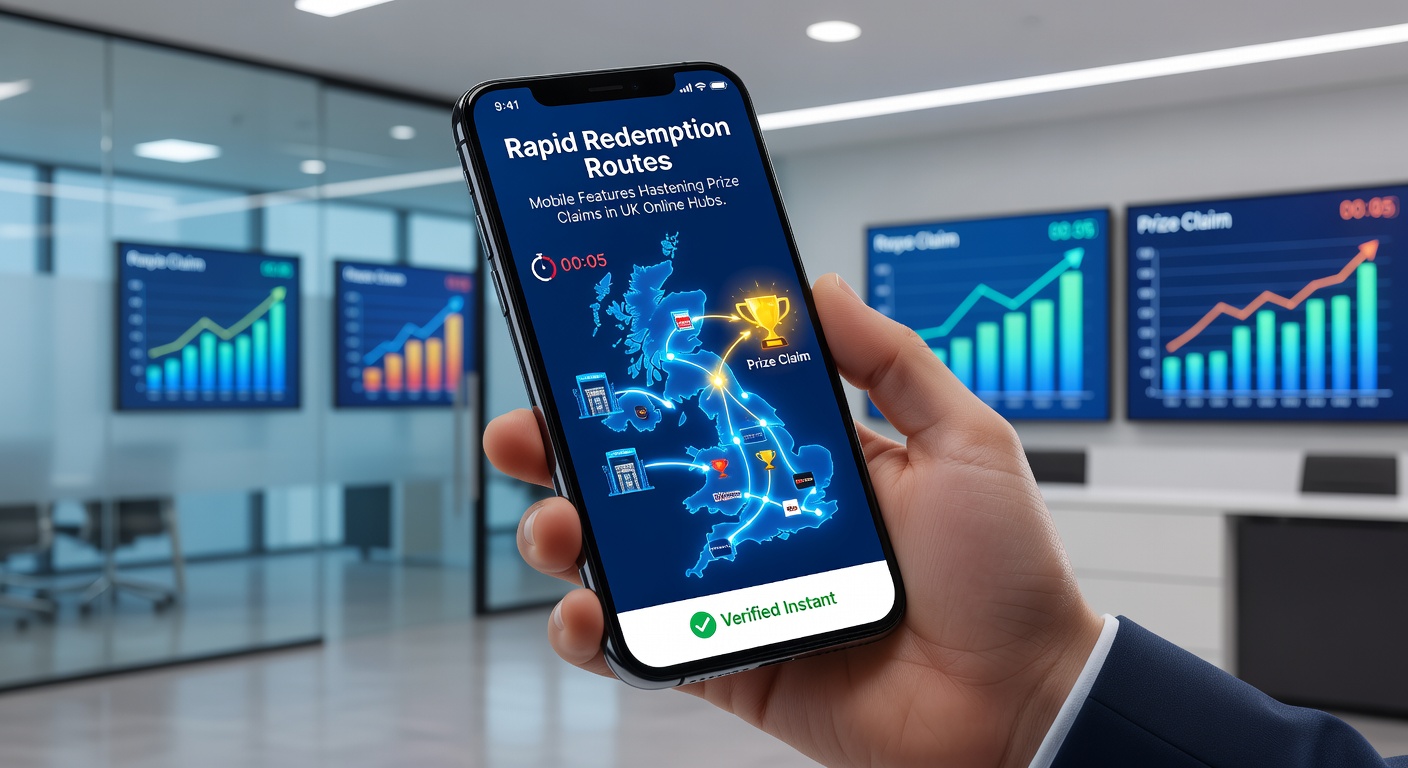 Close-up of a mobile banking app interface showing a prize payout routing through PayPal to a UK bank account, highlighted with green checkmarks and timer icons for ultra-fast processing